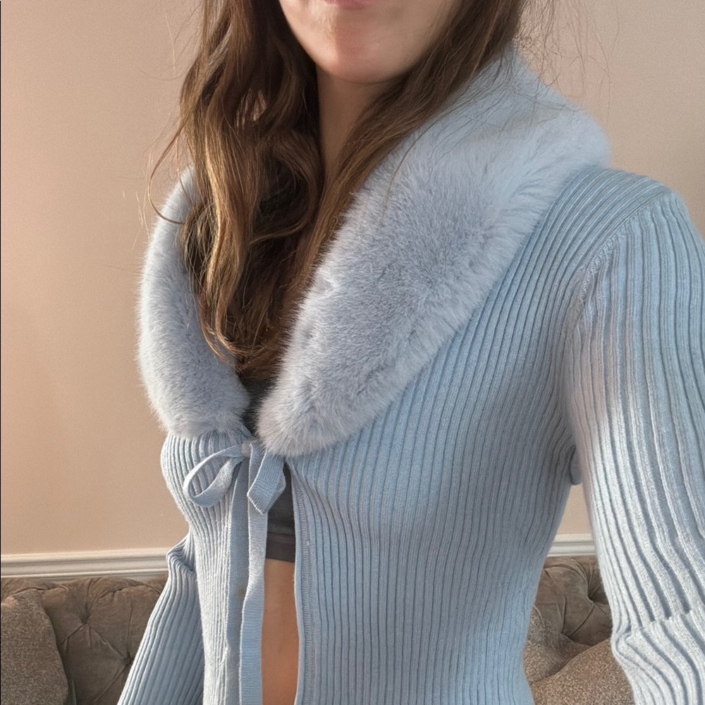 Tiger Mist Blue Cardigan with Fluffy Collar and Tie Front